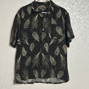 AXIST Mens Short Sleeve Button Up Shirt Tropical Leaf Print Black Beige Sz M